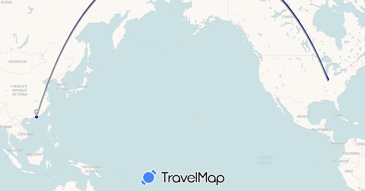 TravelMap itinerary: driving, plane in Hong Kong, United States (Asia, North America)