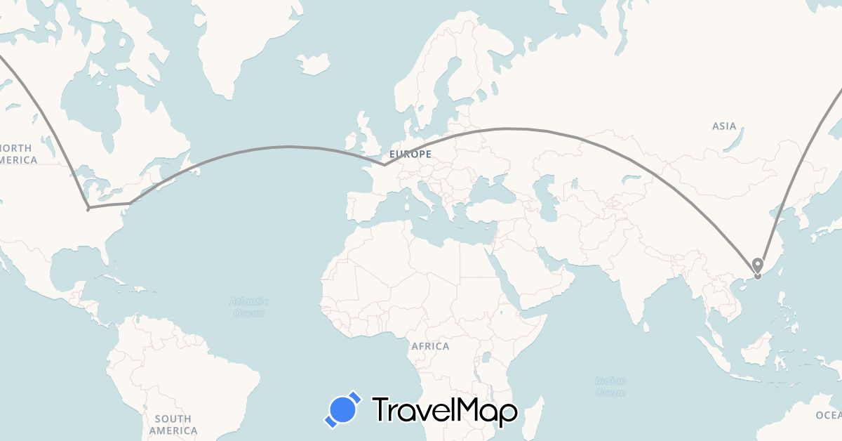 TravelMap itinerary: driving, plane in France, Hong Kong, United States (Asia, Europe, North America)
